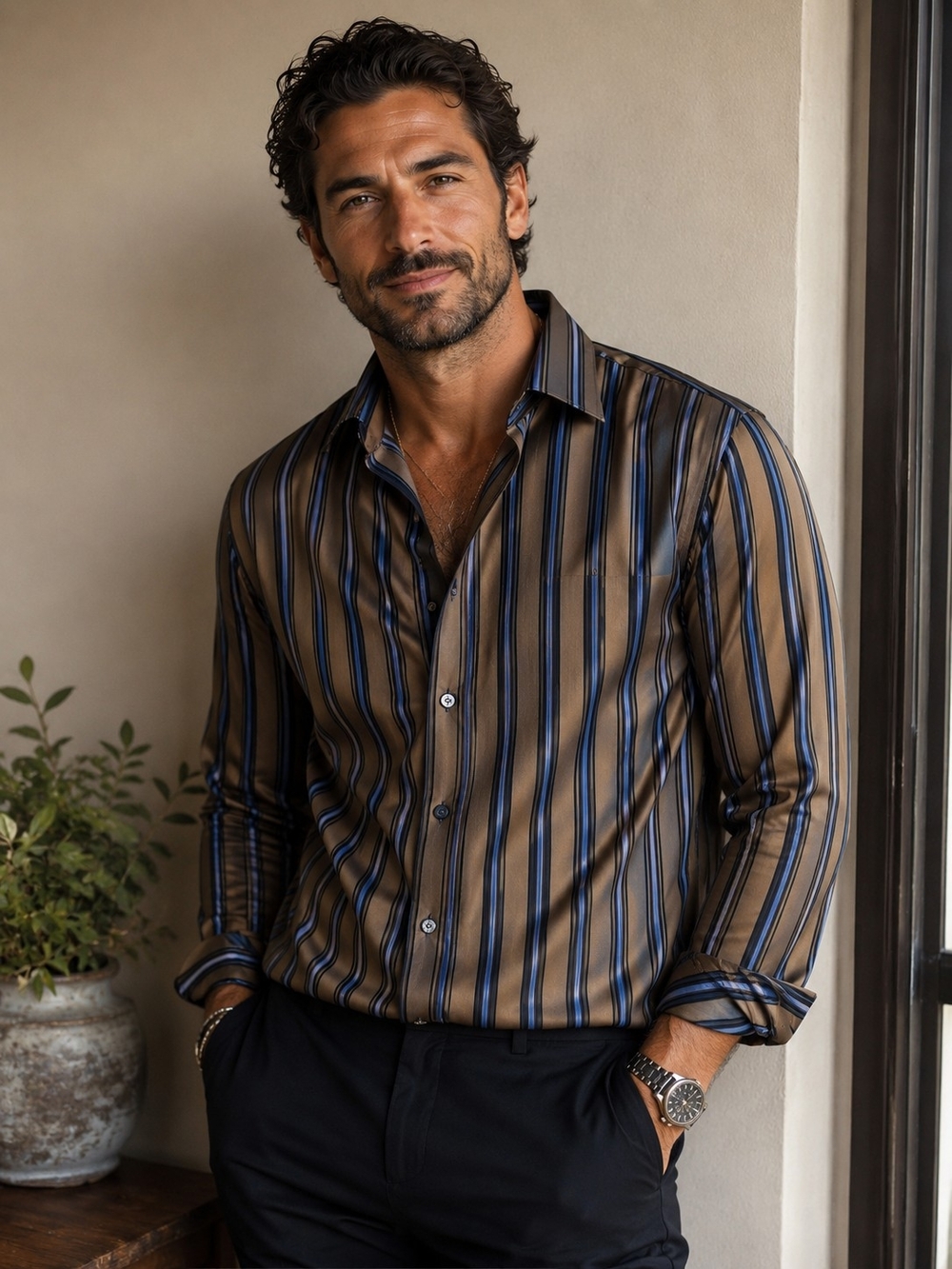 Gianni Viera 100% Silk Made in Italy Striped Long-Sleeve Shirt- Men's